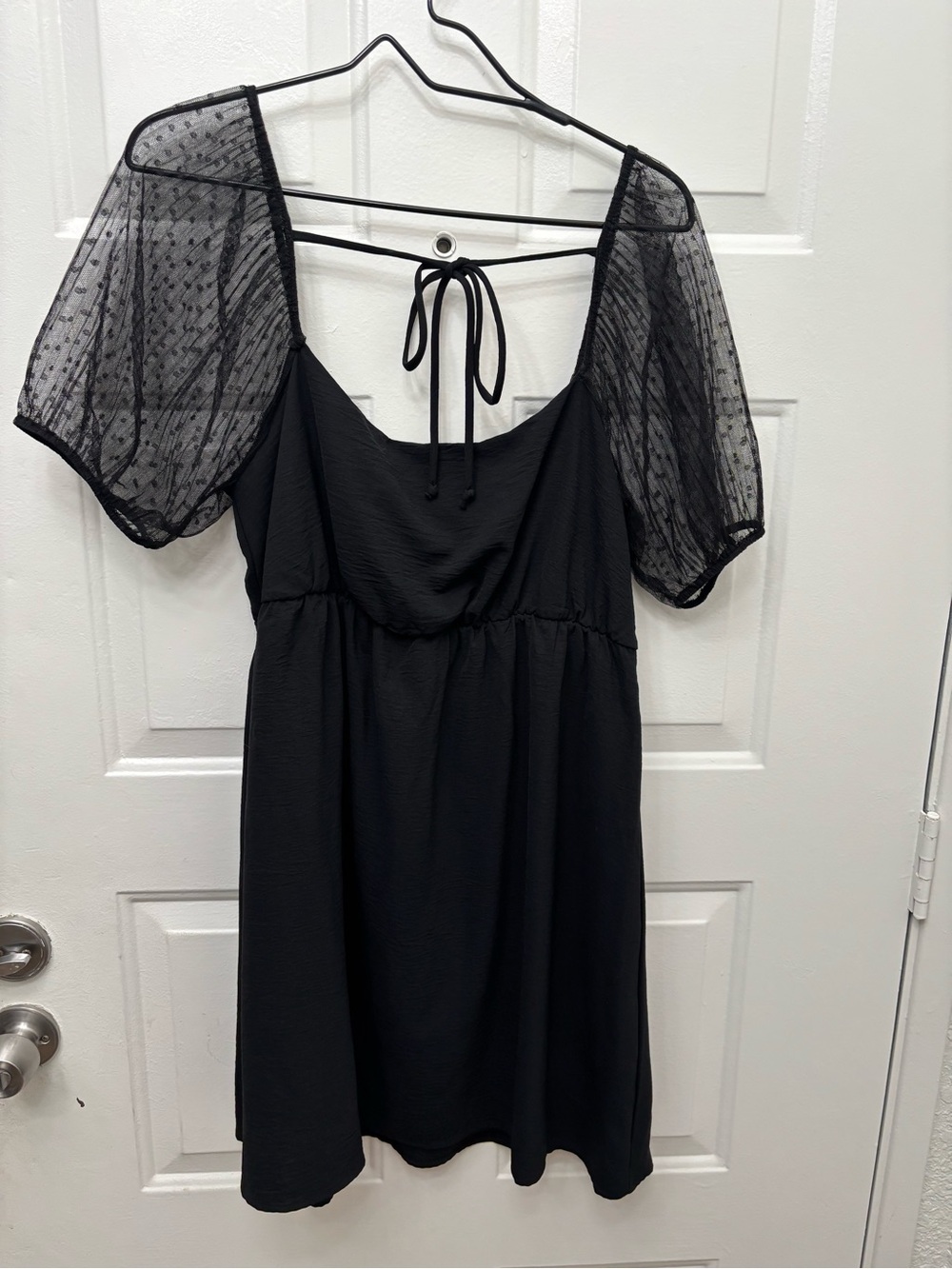 Altar'd State Black Mini Dress with Sheer Dotted Puff Sleeves - Picture 2 of 6